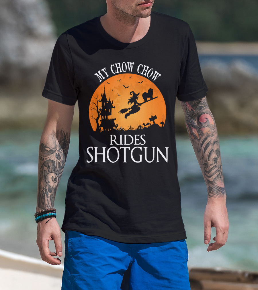 My Chow Chow Rides Shotgun Witch Silhouette Halloween Scene T-Shirt