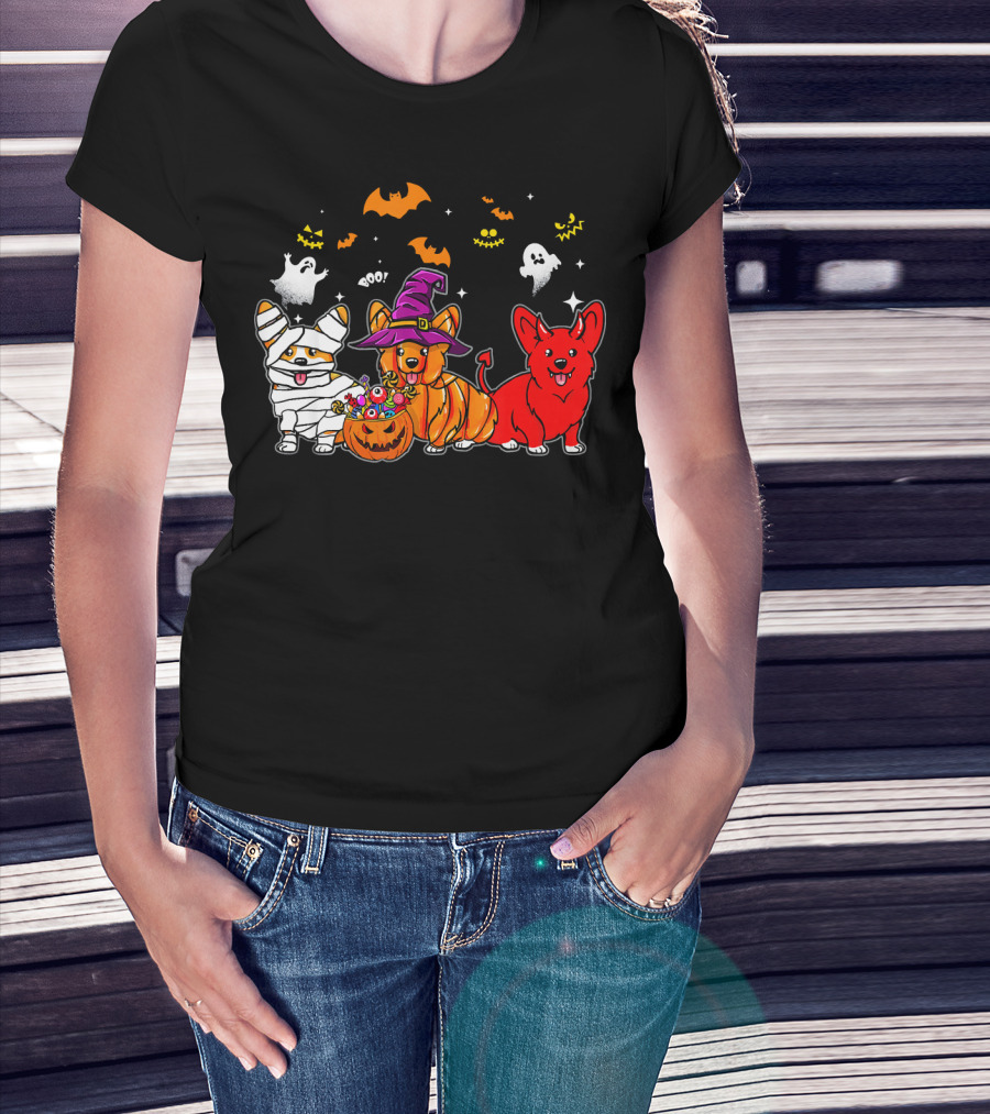Corgi Dog Halloween Ghosts Pumpkins Mummy Witch T-Shirt