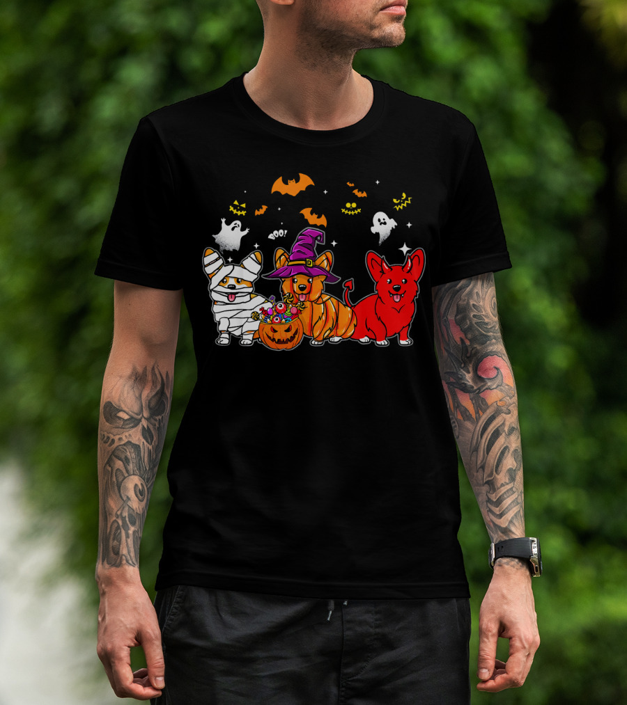 Corgi Dog Halloween Ghosts Pumpkins Mummy Witch T-Shirt