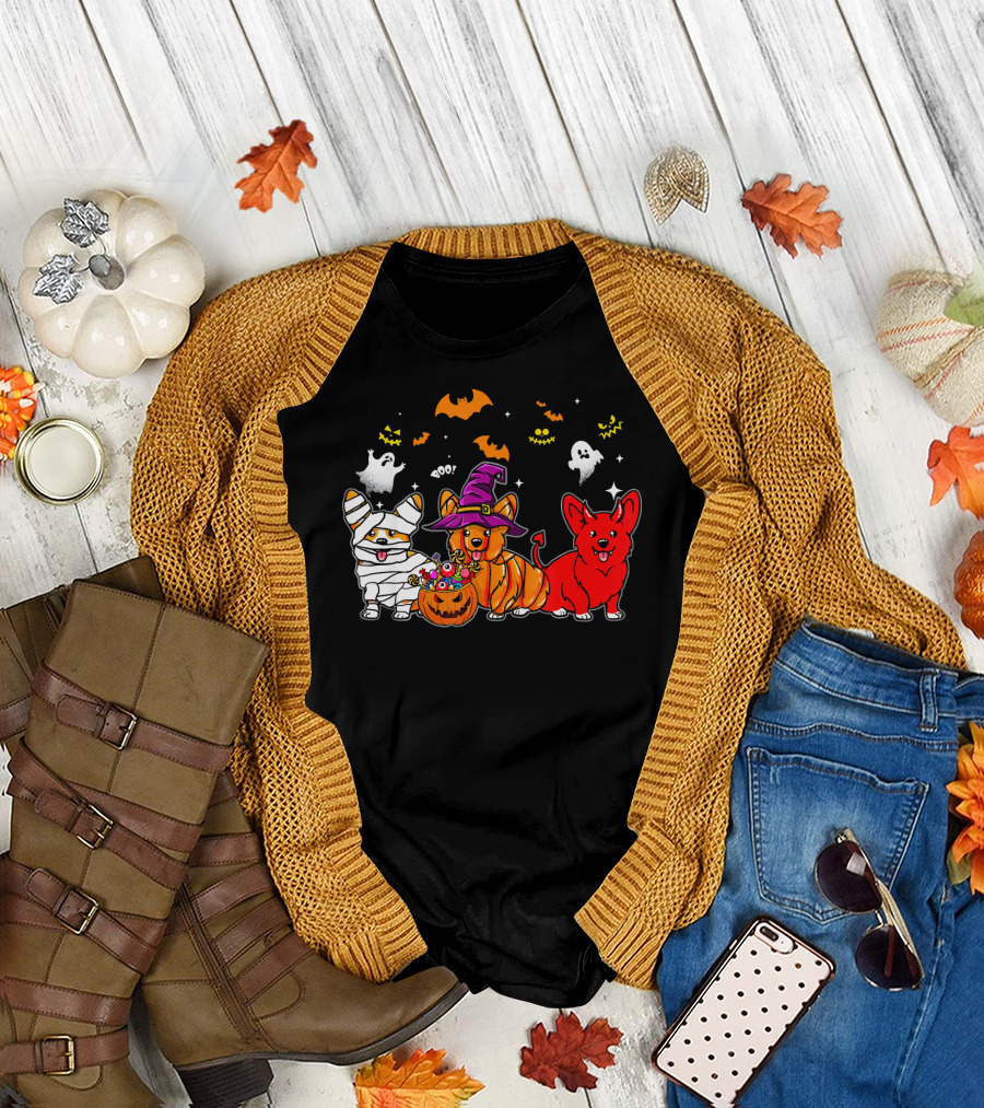 Corgi Dog Halloween Ghosts Pumpkins Mummy Witch T-Shirt