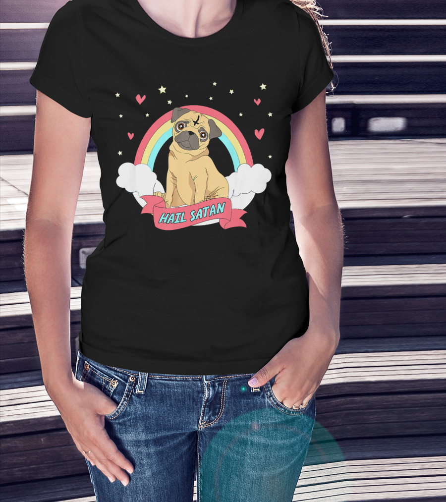 Hail Satan Pug Cute Halloween Rainbow Hearts Stars Clouds T-Shirt