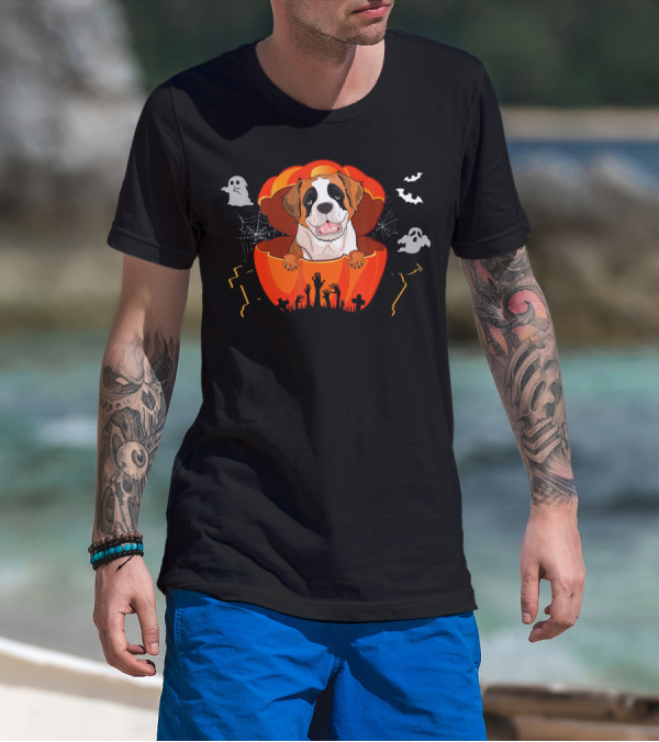 St Bernard Dog In Pumpkin With Ghosts And Bats For Halloween T-Shirt