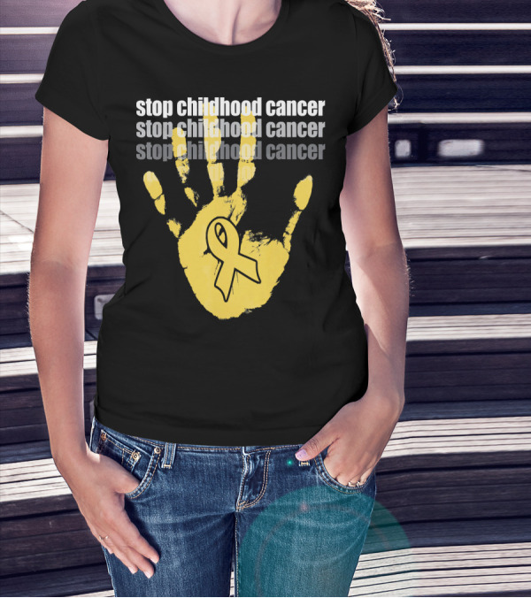 Stop Childhood Cancer Yellow Handprint Ribbon Awareness T-Shirt