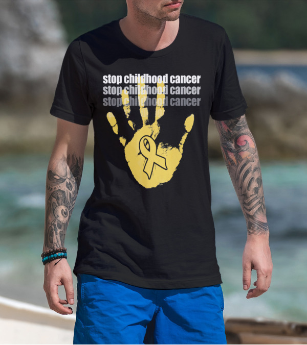 Stop Childhood Cancer Yellow Handprint Ribbon Awareness T-Shirt