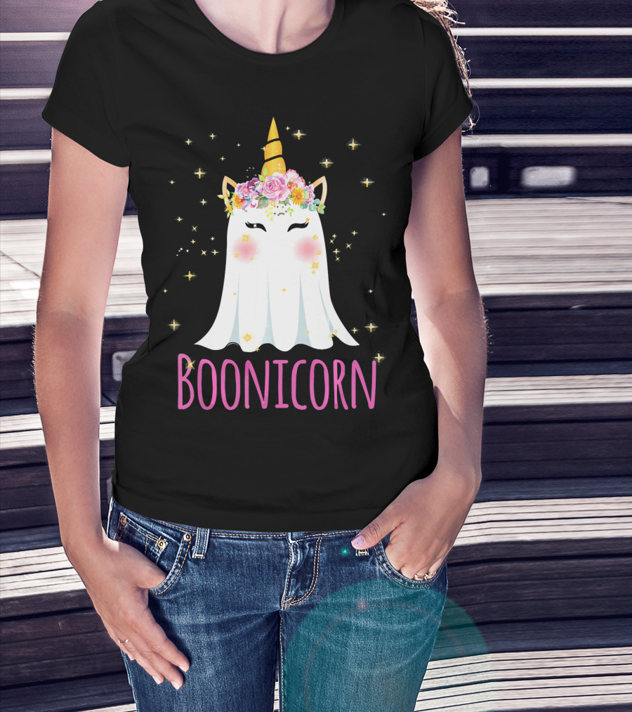 BooNicorn Unicorn Ghost With Flowers And Stars Halloween For Girl T-Shirt
