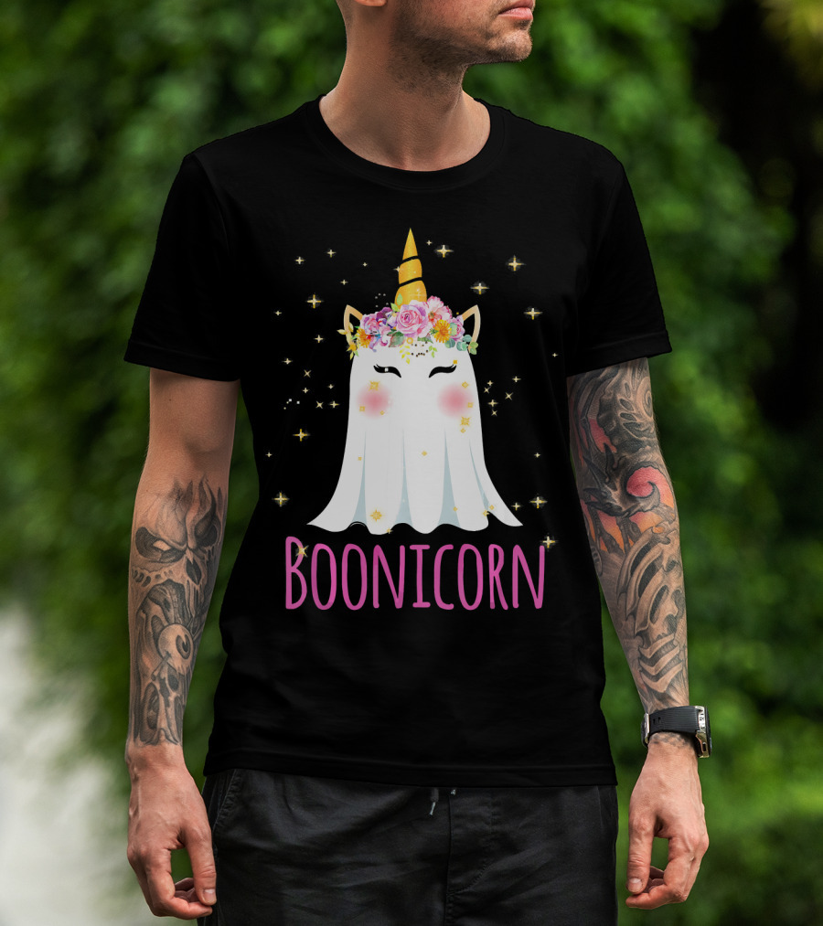 BooNicorn Unicorn Ghost With Flowers And Stars Halloween For Girl T-Shirt