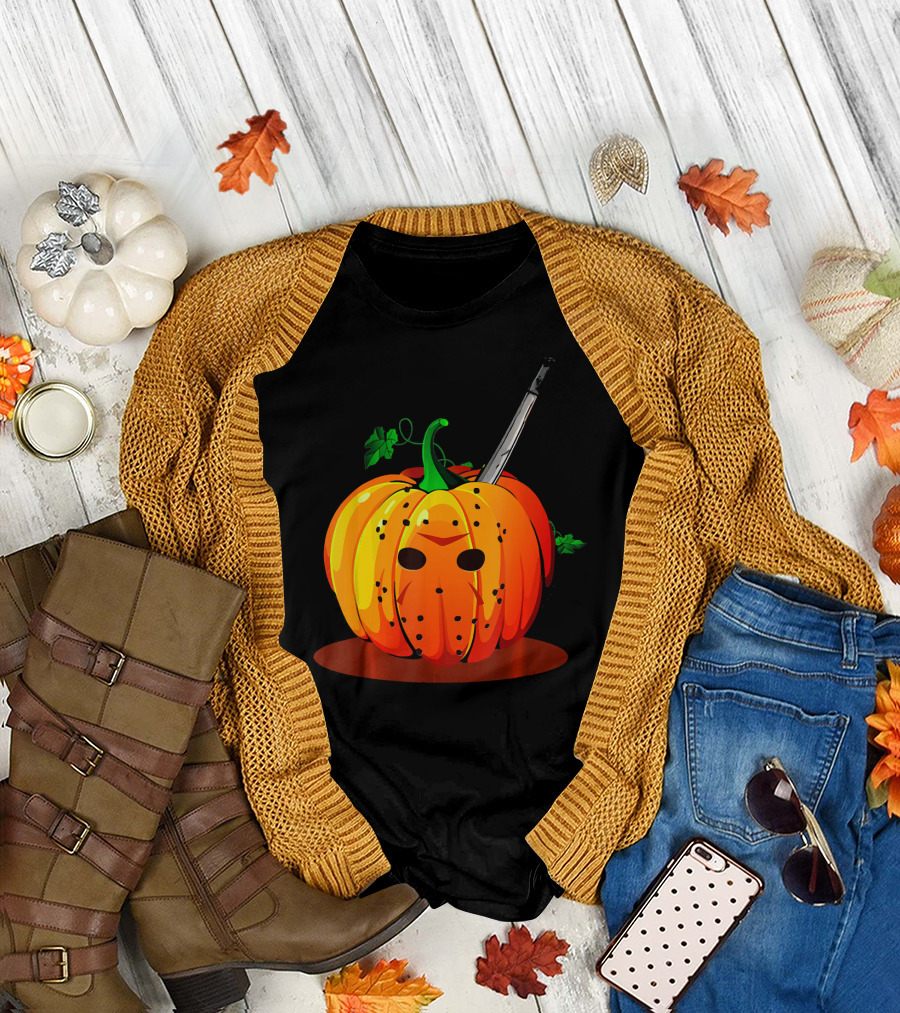 Horror Pumpkin Halloween Scary Face Knife T-Shirt