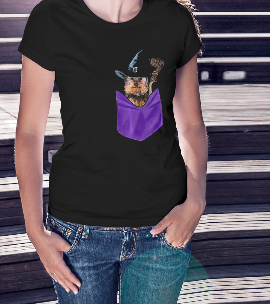 Yorkie Witch In Pocket With Broomstick T-Shirt