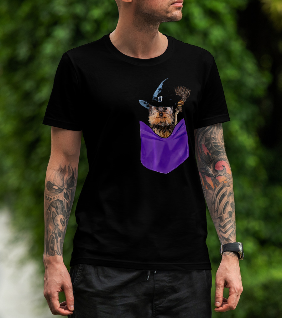 Yorkie Witch In Pocket With Broomstick T-Shirt