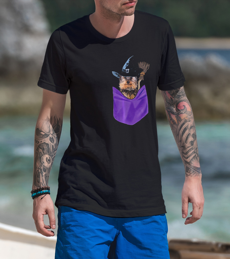 Yorkie Witch In Pocket With Broomstick T-Shirt