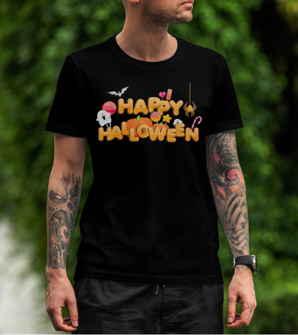 Happy Halloween Candy Ghosts Boo Bat Pumpkin T-Shirt