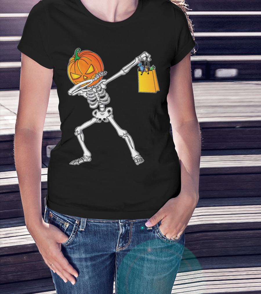 Halloween Kids Pumpkin Skeleton Dabbing With Candy Bag T-Shirt