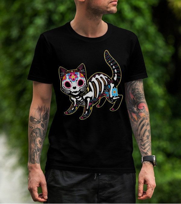 Day Of The Dead Black Cat Sugar Skull Halloween T-Shirt