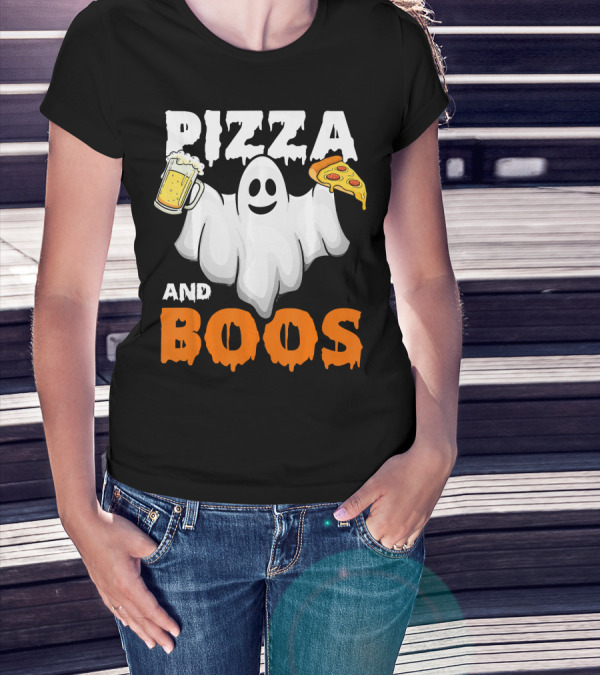 Pizza And Boos Ghost Holding Beer And Pizza Slice Halloween Funny Ghost Drinking Beer T-Shirt