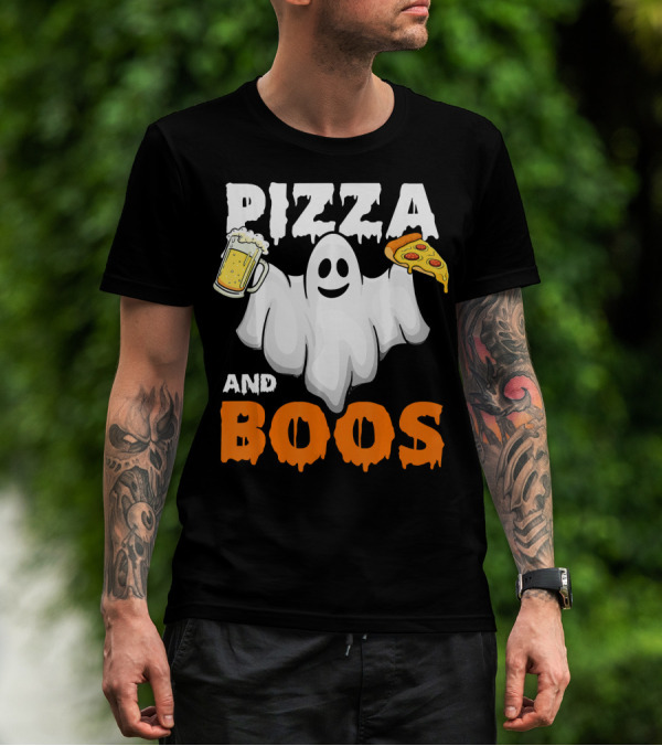 Pizza And Boos Ghost Holding Beer And Pizza Slice Halloween Funny Ghost Drinking Beer T-Shirt