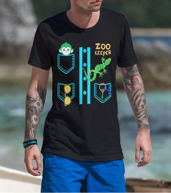 Zoo Keeper Costume Halloween Monkey Lizard Pockets Keys Glasses T-Shirt