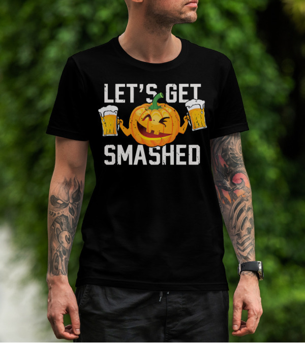 Let's Get Smashed Pumpkin With Beer Mugs Halloween Humor T-Shirt