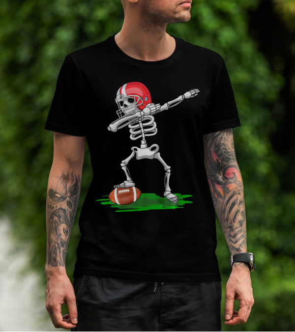 Dabbing Skeleton With Football And Red Helmet For Halloween T-Shirt