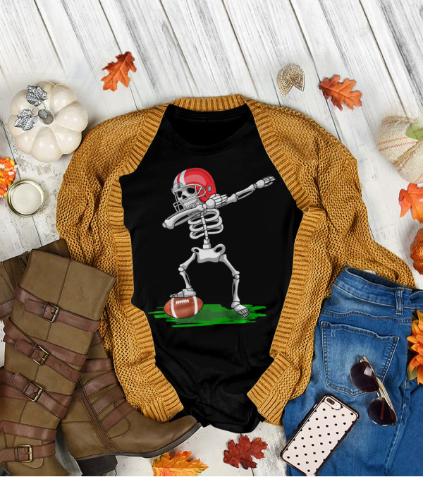 Dabbing Skeleton With Football And Red Helmet For Halloween T-Shirt