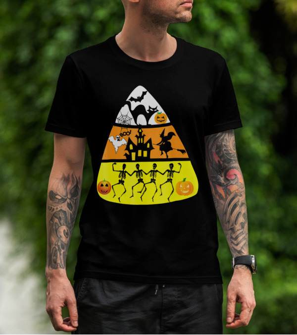 Candy Corn Halloween Scene Witch Skeletons Pumpkins Ghost Bats Haunted House Boo T-Shirt