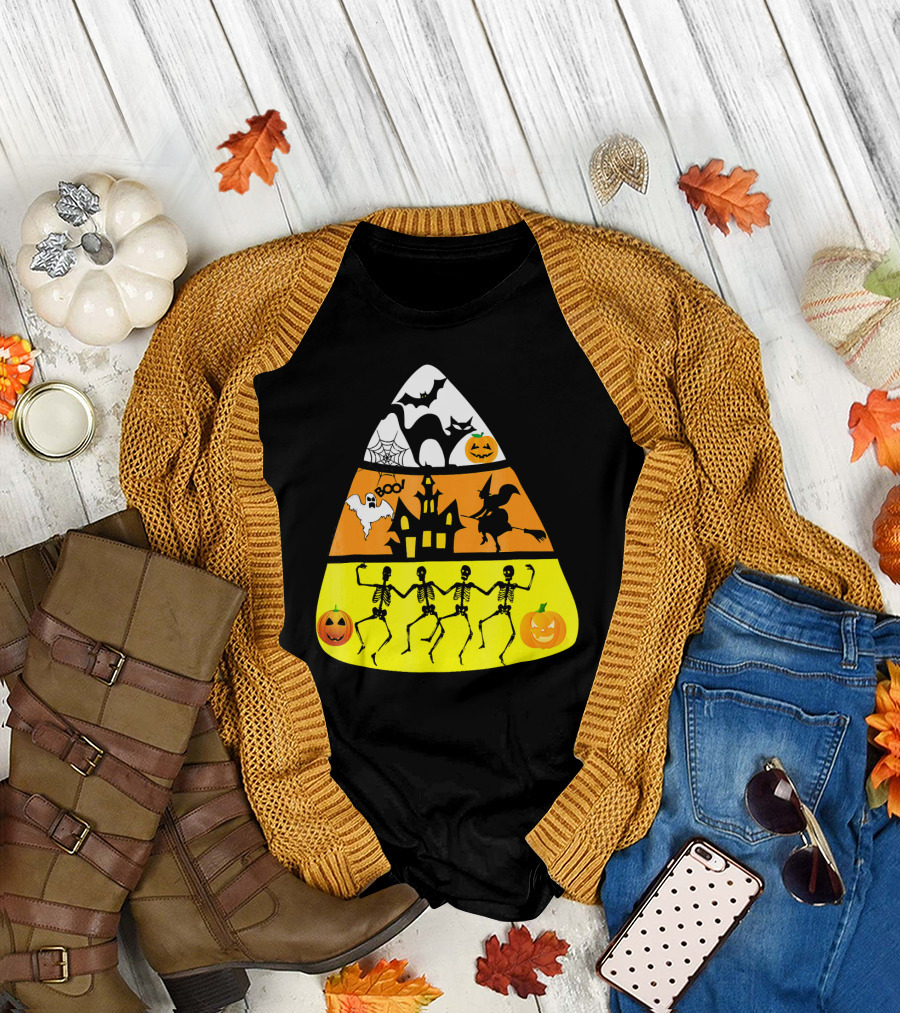 Candy Corn Halloween Scene Witch Skeletons Pumpkins Ghost Bats Haunted House Boo T-Shirt