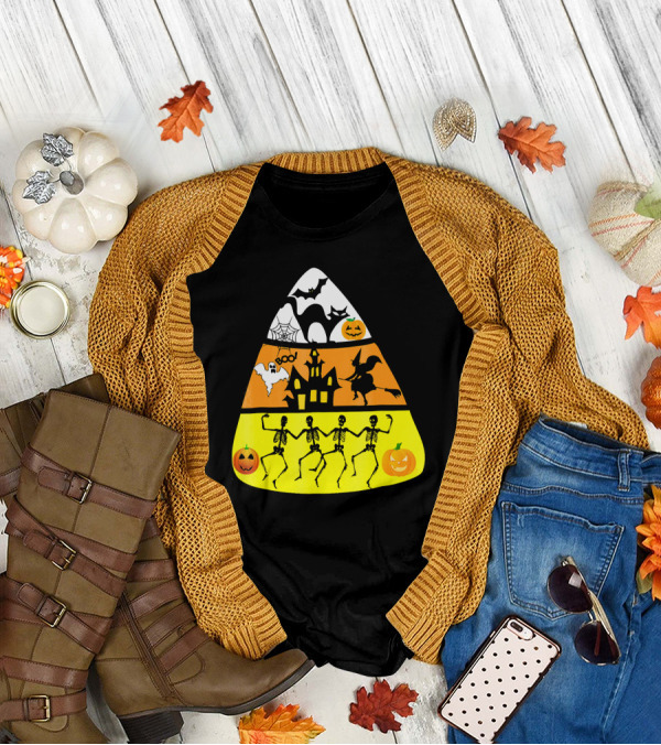 Candy Corn Halloween Scene Witch Skeletons Pumpkins Ghost Bats Haunted House Boo T-Shirt
