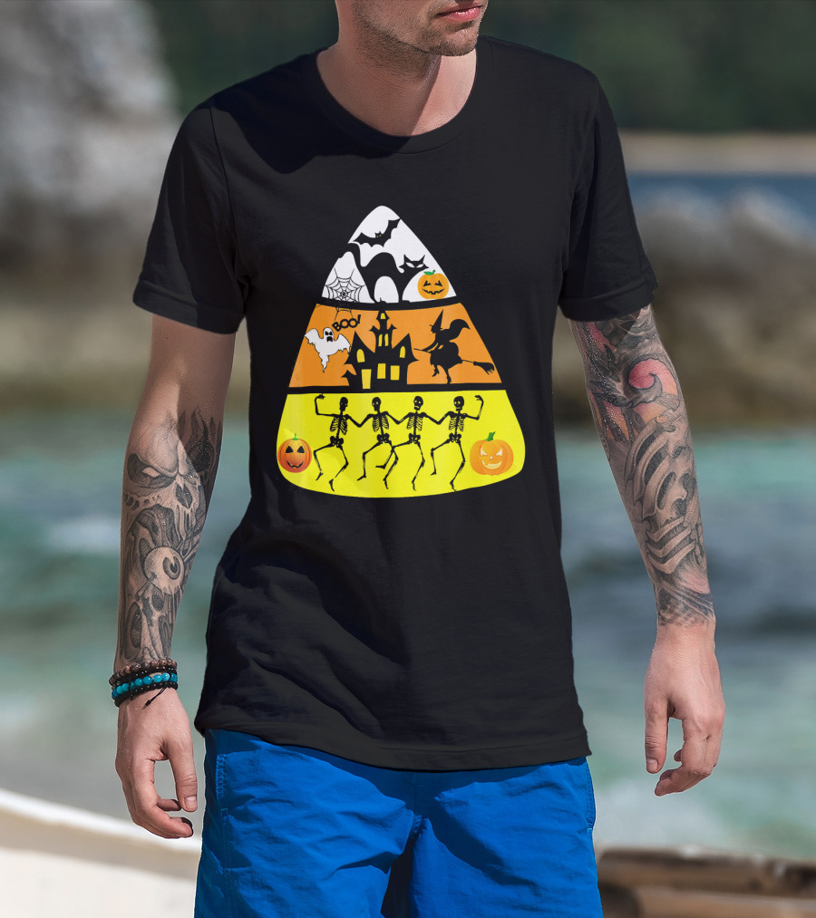 Candy Corn Halloween Scene Witch Skeletons Pumpkins Ghost Bats Haunted House Boo T-Shirt