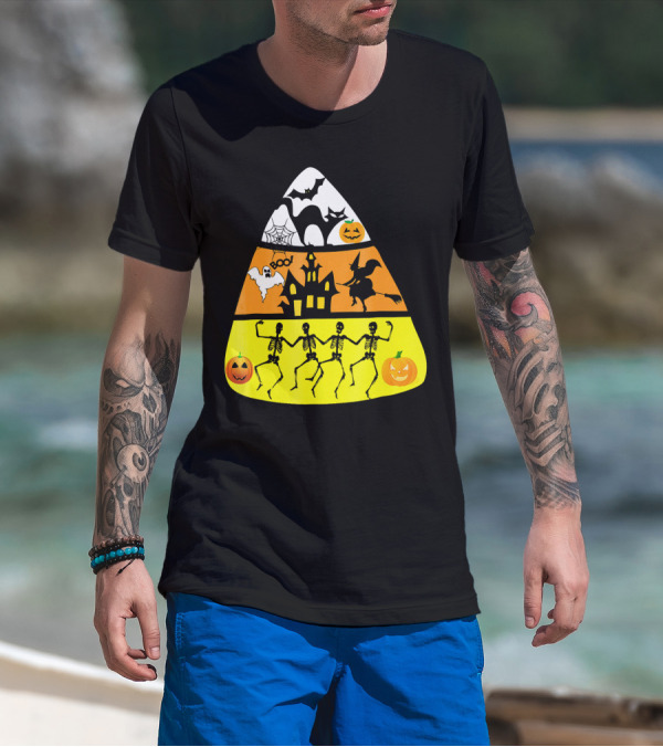Candy Corn Halloween Scene Witch Skeletons Pumpkins Ghost Bats Haunted House Boo T-Shirt