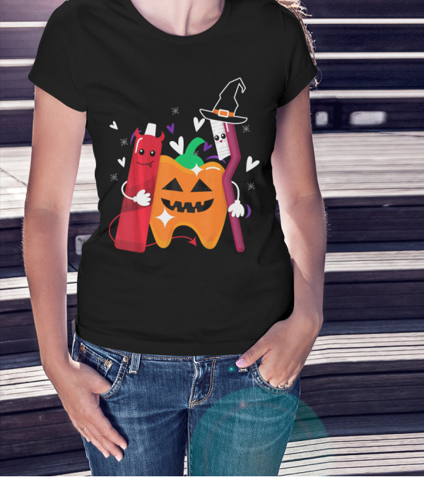 Happy Halloween Costume Toothbrush Tooth With Pumpkin And Toothpaste Characters T-Shirt