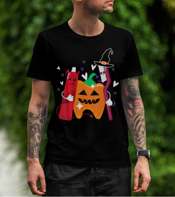 Happy Halloween Costume Toothbrush Tooth With Pumpkin And Toothpaste Characters T-Shirt