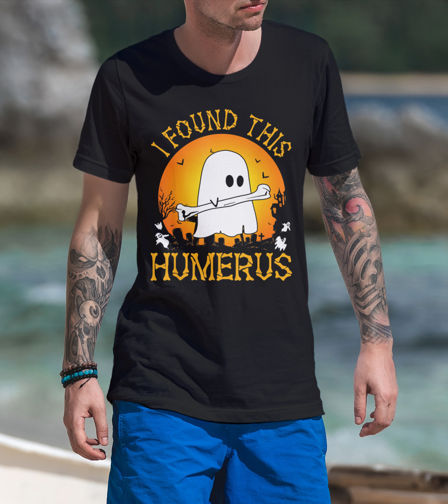 I Found This Humerus Halloween Ghost With Bone Spooky Graveyard Scene T-Shirt