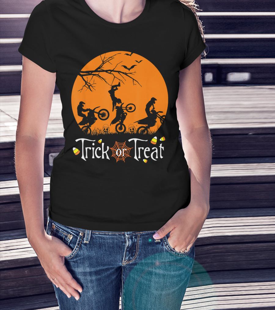 Motocross Halloween Trick Or Treat Moon Scene T-Shirt