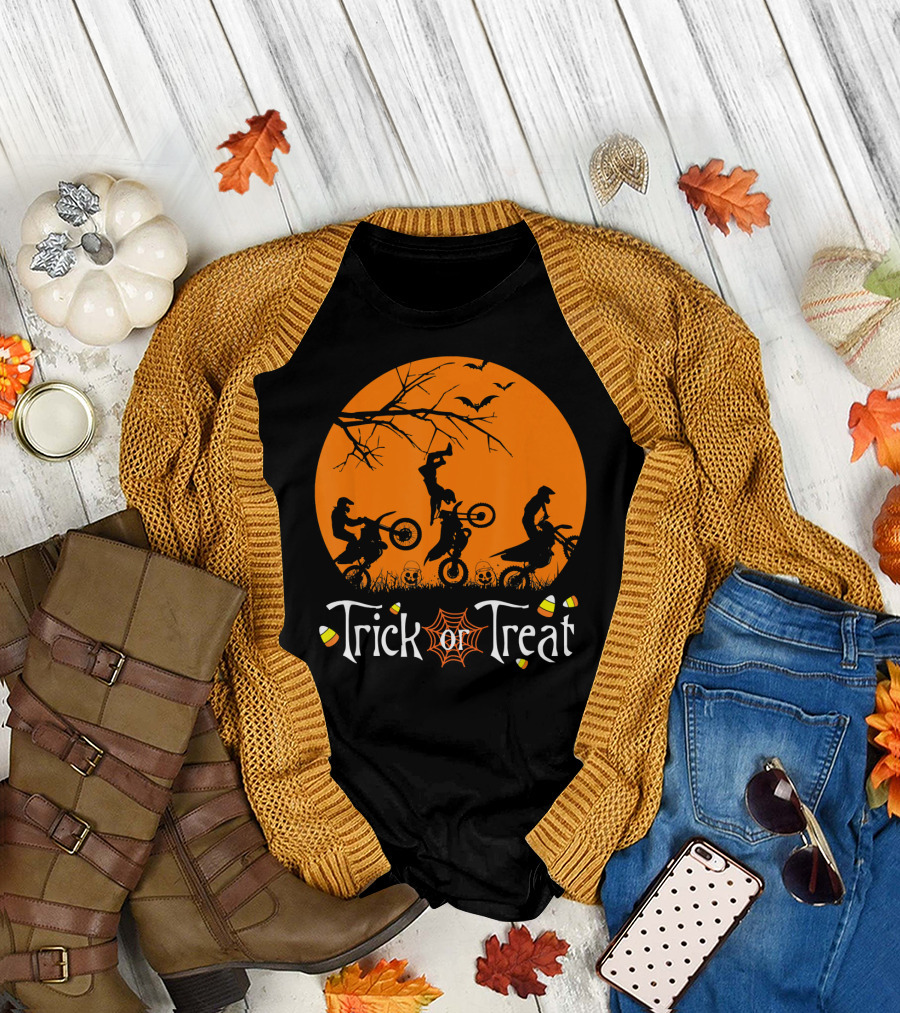 Motocross Halloween Trick or Treat Moon Scene T-Shirt