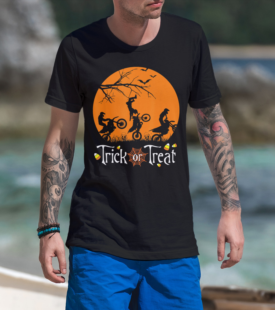 Motocross Halloween Trick Or Treat Moon Scene T-Shirt