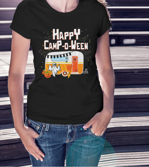 Happy Camp O Ween Ghost Pumpkin Camping Caravan T-Shirt