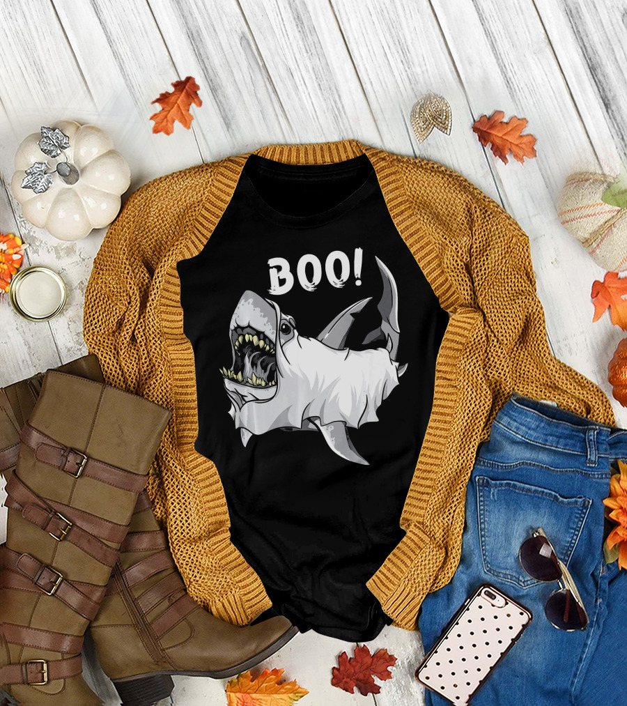 Shark Ghost Boo Funny Great White Shark Halloween T-Shirt