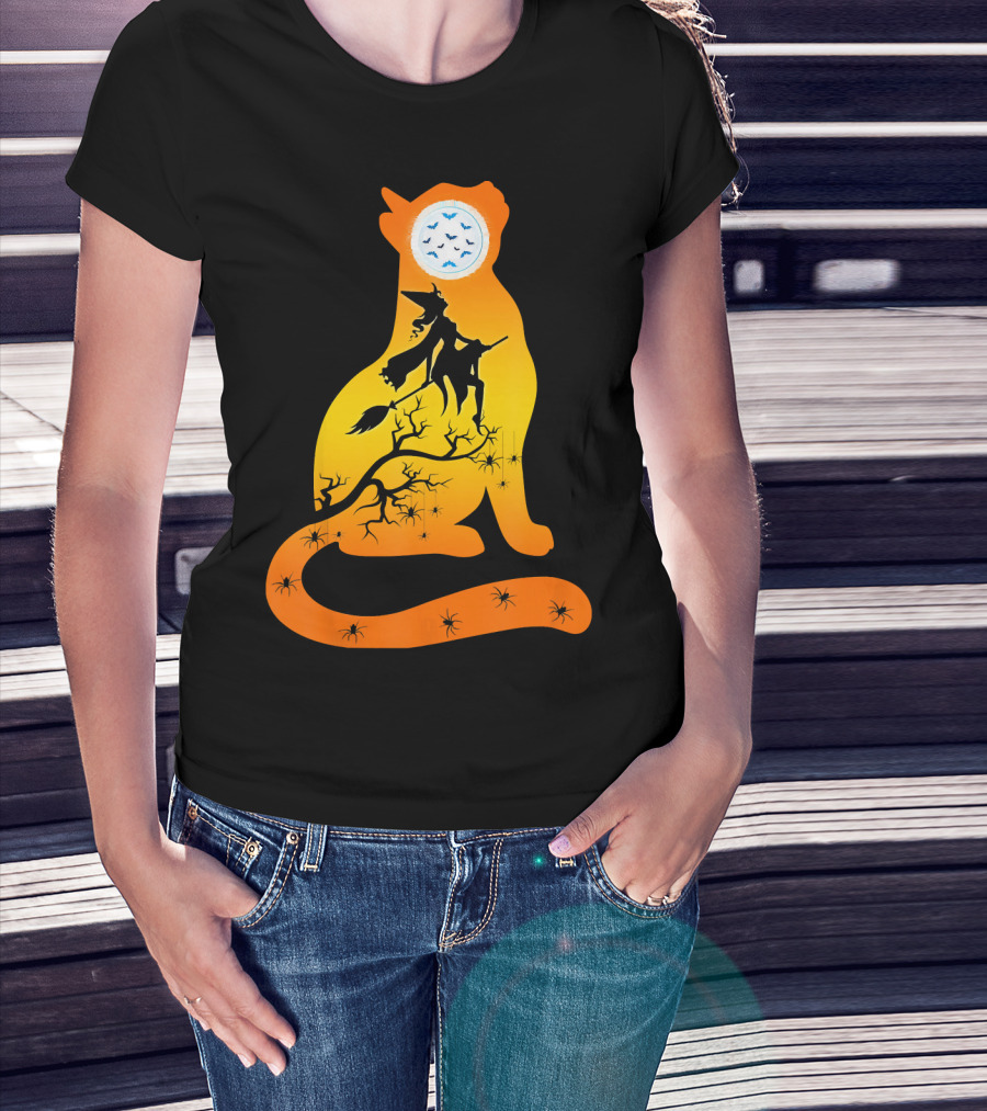 Funny Cat Witch Flying Under Bat Moon With Spooky Webs T-Shirt