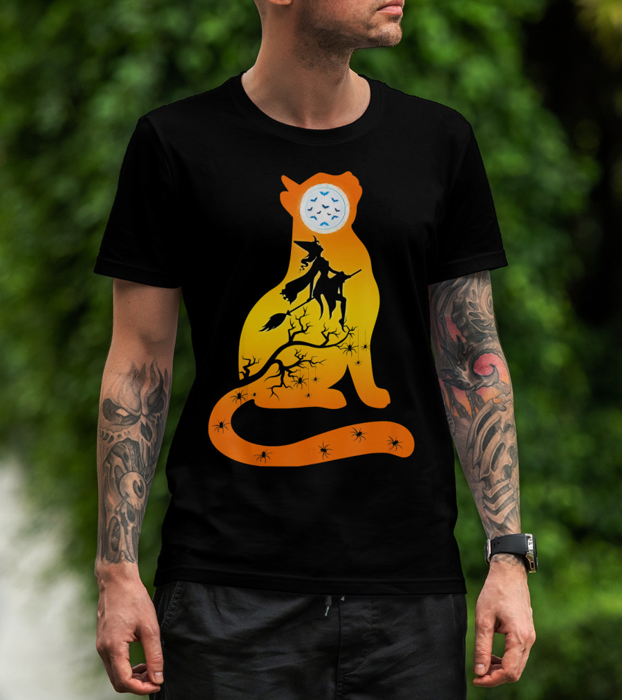 Funny Cat Witch Flying Under Bat Moon With Spooky Webs T-Shirt