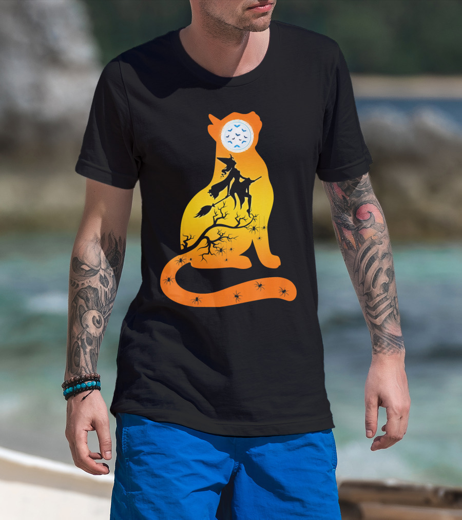 Funny Cat Witch Flying Under Bat Moon With Spooky Webs T-Shirt