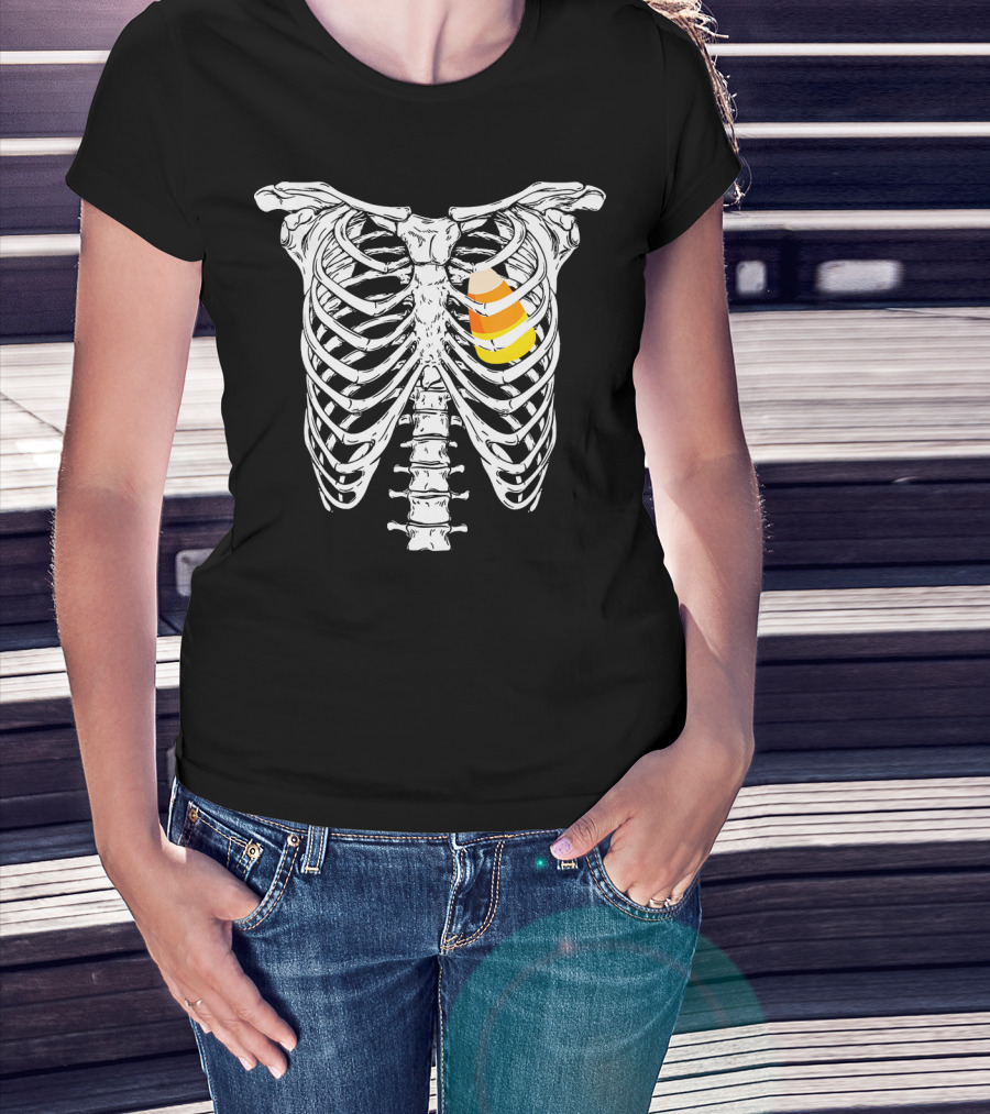 Candy Corn Inside Skeleton Ribs Halloween Humor T-Shirt