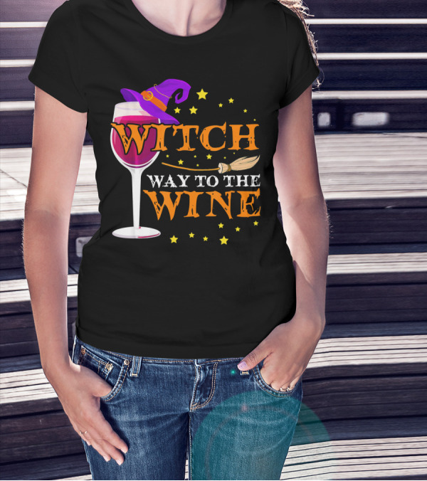 Witch Way To The Wine Halloween Wizard Hat Broomstick Stars T-Shirt