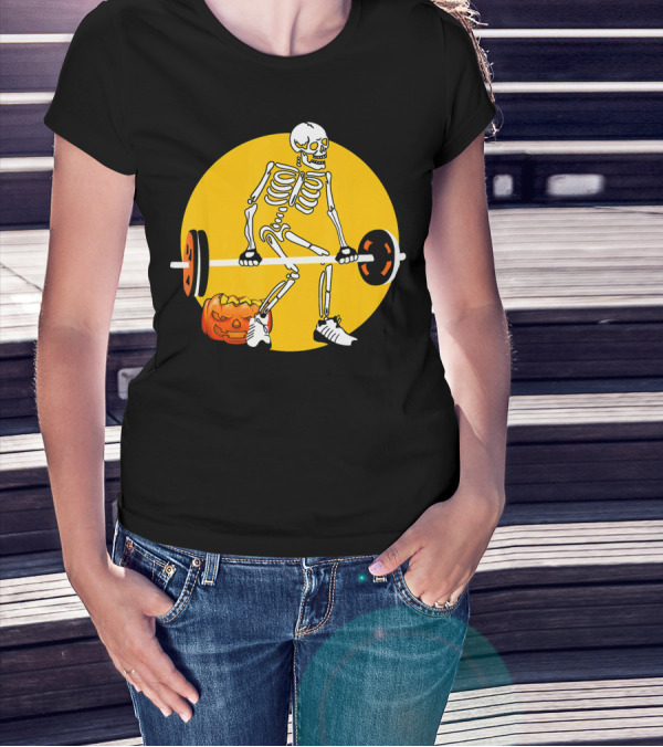 Skeleton Weightlifting With Pumpkin In Yellow Circle T-Shirt