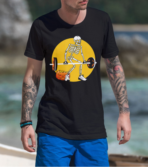 Skeleton Weightlifting With Pumpkin In Yellow Circle T-Shirt