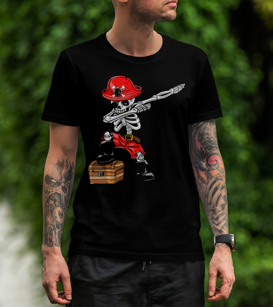 Dabbing Skeleton Pirate With Red Hat And Treasure Chest T-Shirt