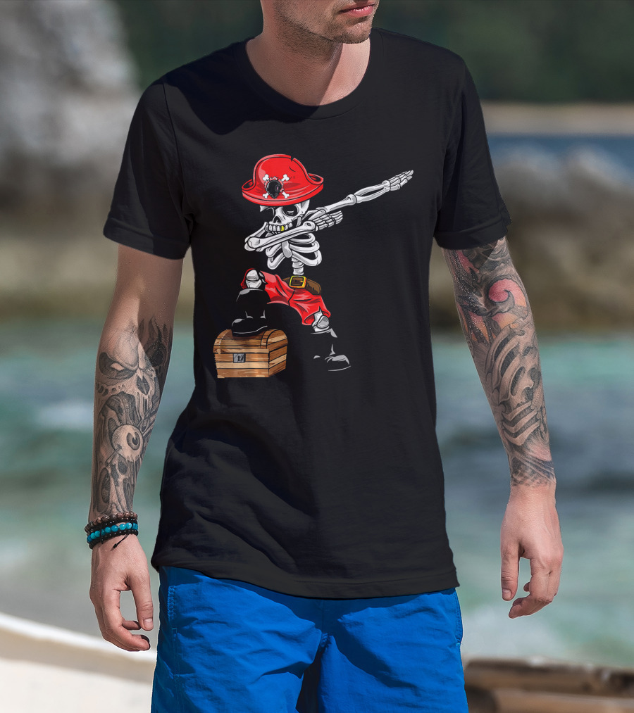 Dabbing Skeleton Pirate With Red Hat And Treasure Chest T-Shirt