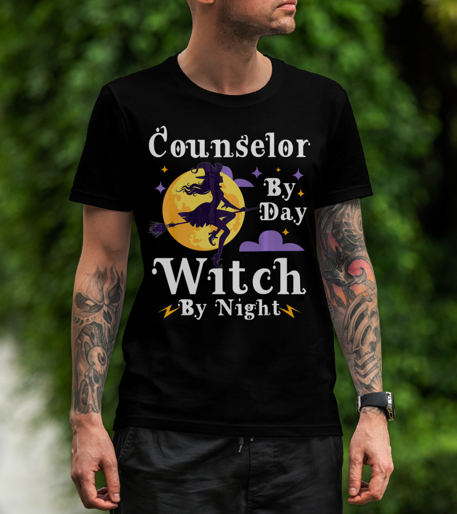 Counselor By Day Witch By Night Flying Broomstick And Full Moon T-Shirt
