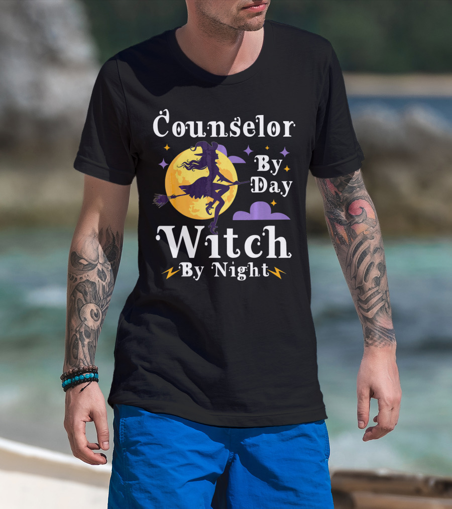 Counselor By Day Witch By Night Flying Broomstick And Full Moon T-Shirt