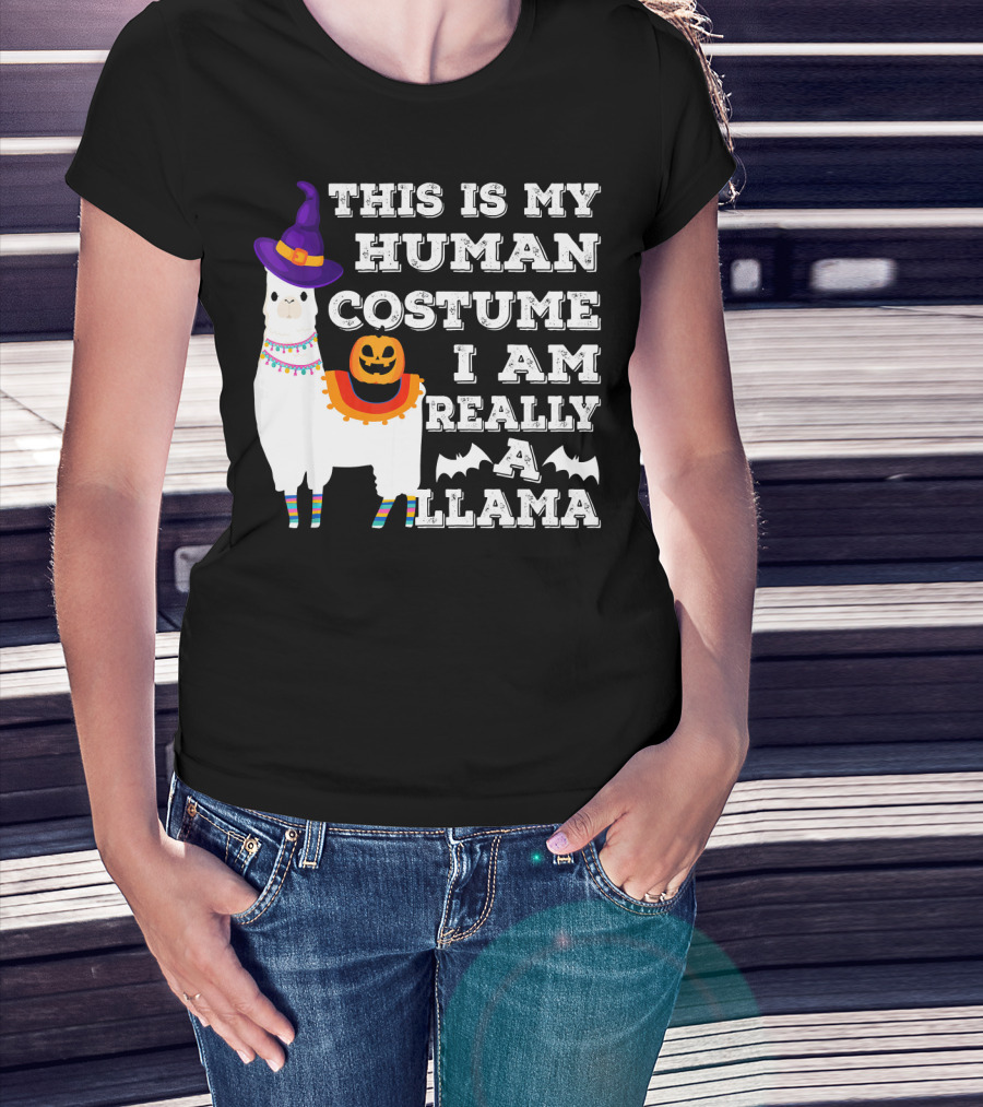 This Is My Human Costume I Am Really A Llama Halloween Witch Hat Pumpkin Bat T-Shirt