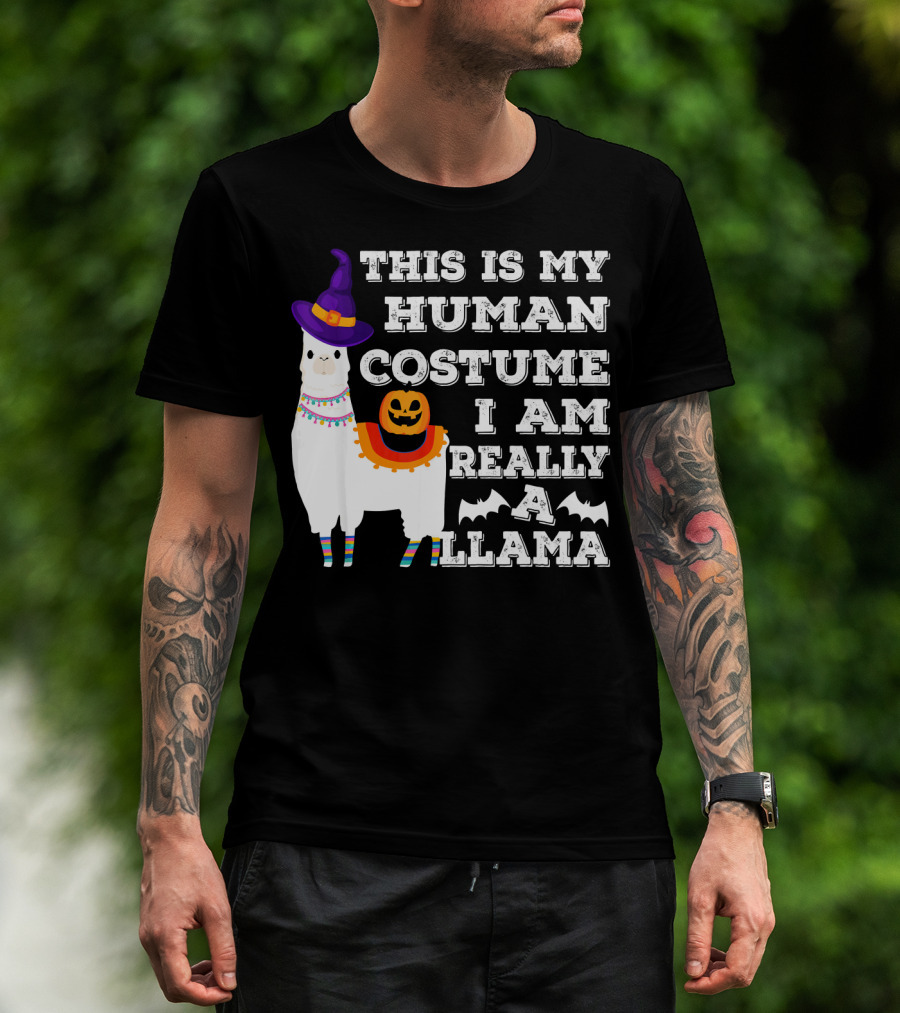 This Is My Human Costume I Am Really A Llama Halloween Witch Hat Pumpkin Bat T-Shirt