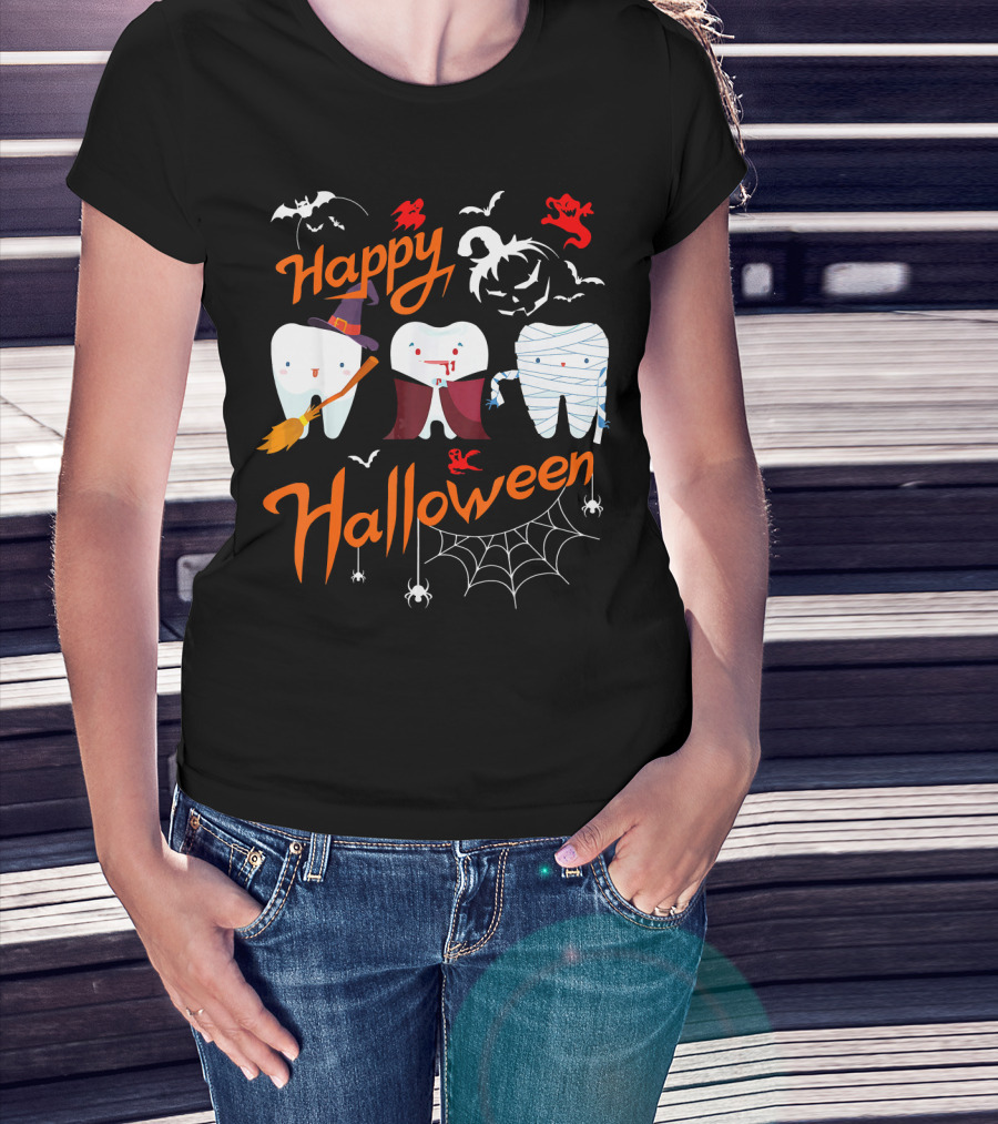 Happy Halloween Witch Vampire Mummy Teeth With Bats And Spiderweb T-Shirt